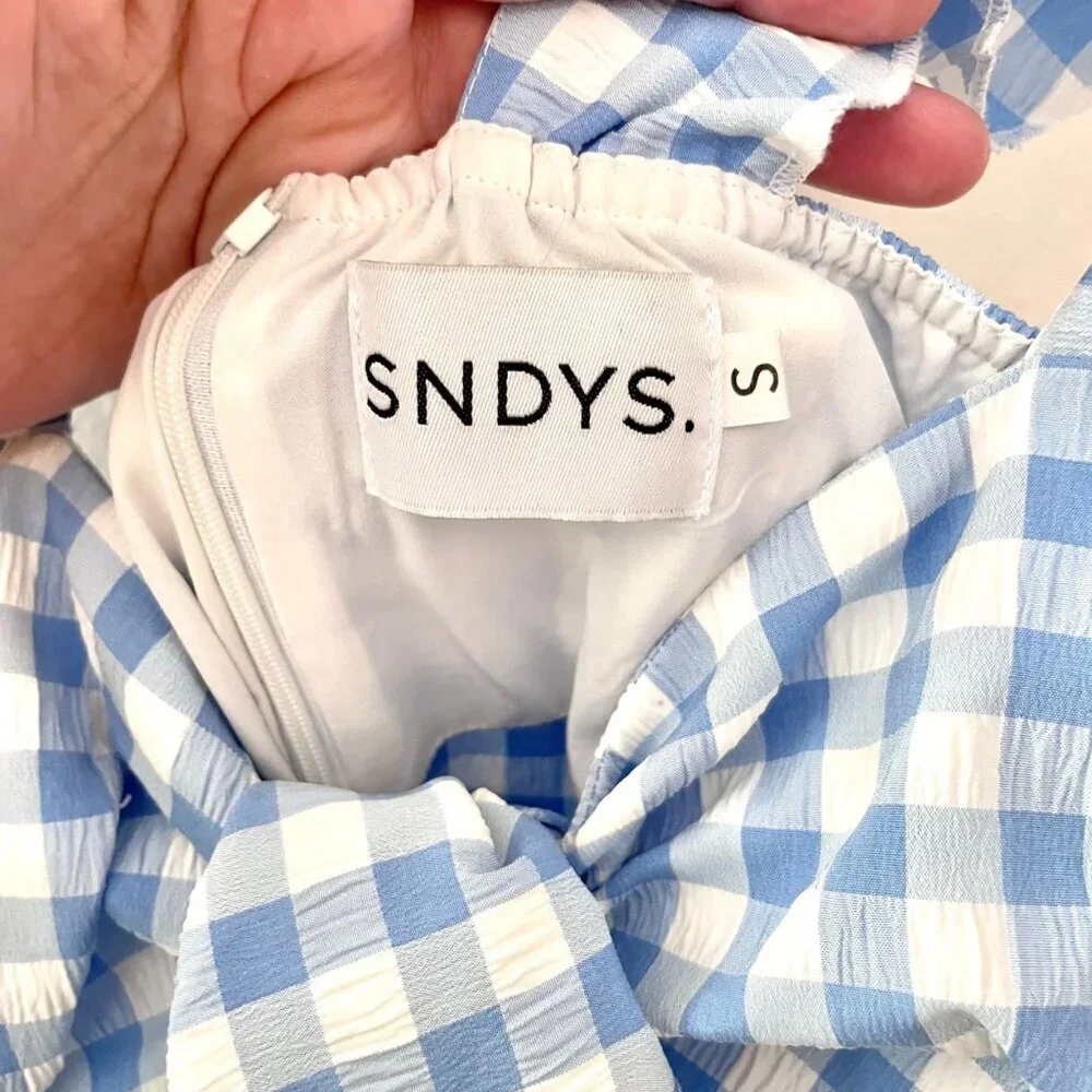 Sndys Adora V-Neck Sleeveless Ruffle Lined Zipper Dress Size S Blue Gingham